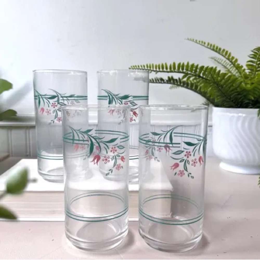 ROSEMARIE by Corelle Vintage 1980s Highball Glasses, Set of 4, Pink Floral Green